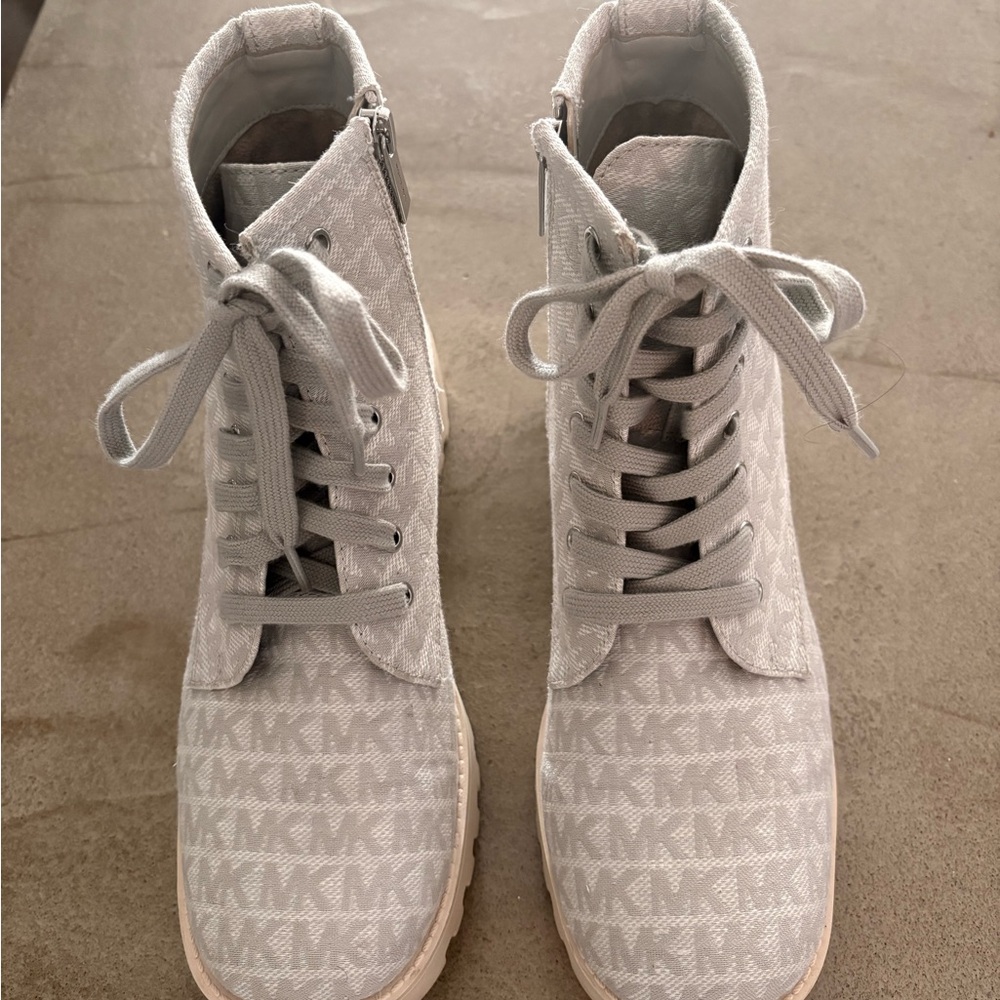 Michael Kors Light Gray MK Monogram Lace-Up Ankle Boots